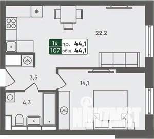 1-к квартира, строящийся дом, 44м2, 4/7 этаж