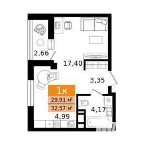 1-к квартира, вторичка, 33м2, 12/12 этаж