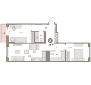 2-к квартира, вторичка, 73м2, 4/15 этаж