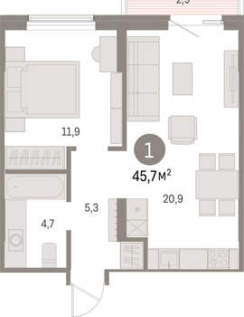 1-к квартира, вторичка, 46м2, 6/15 этаж