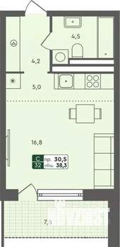 Студия квартира, строящийся дом, 38м2, 2/7 этаж