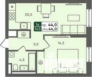 1-к квартира, строящийся дом, 44м2, 3/7 этаж