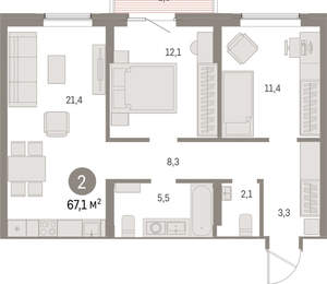 2-к квартира, вторичка, 67м2, 13/15 этаж