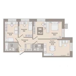 3-к квартира, вторичка, 76м2, 2/9 этаж
