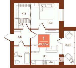 1-к квартира, строящийся дом, 50м2, 5/9 этаж