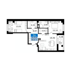 2-к квартира, вторичка, 68м2, 4/12 этаж