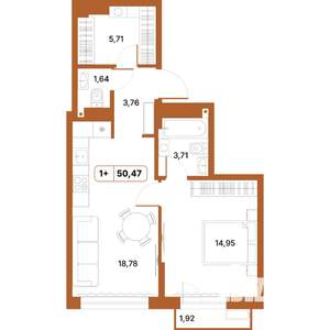 1-к квартира, строящийся дом, 50м2, 11/14 этаж