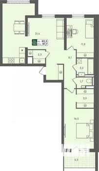 2-к квартира, строящийся дом, 88м2, 2/7 этаж