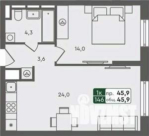 1-к квартира, строящийся дом, 46м2, 3/7 этаж