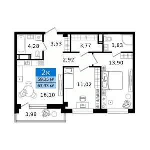 2-к квартира, вторичка, 63м2, 3/16 этаж