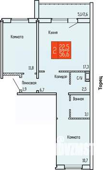 2-к квартира, строящийся дом, 57м2, 2/10 этаж