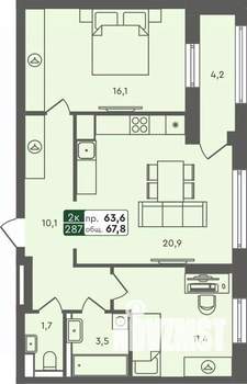 2-к квартира, строящийся дом, 68м2, 4/7 этаж