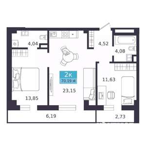 2-к квартира, вторичка, 70м2, 1/9 этаж