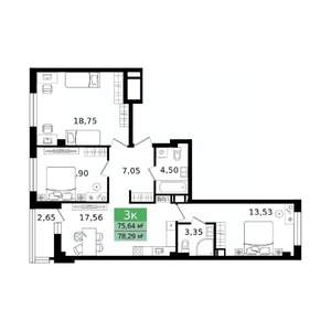 3-к квартира, вторичка, 78м2, 7/12 этаж