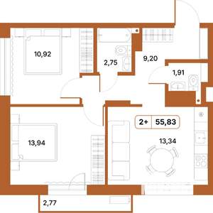 2-к квартира, строящийся дом, 56м2, 2/14 этаж
