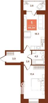1-к квартира, строящийся дом, 49м2, 6/9 этаж