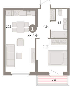 1-к квартира, вторичка, 44м2, 7/15 этаж