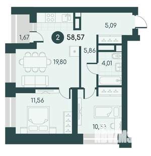 2-к квартира, вторичка, 59м2, 10/12 этаж