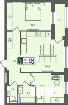 2-к квартира, строящийся дом, 68м2, 7/7 этаж