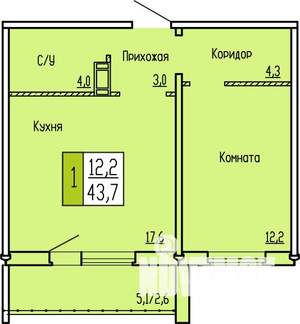 1-к квартира, строящийся дом, 44м2, 3/10 этаж