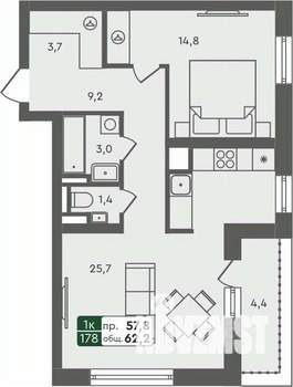 1-к квартира, строящийся дом, 62м2, 5/7 этаж