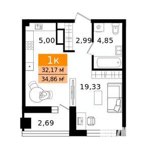 1-к квартира, вторичка, 35м2, 2/11 этаж