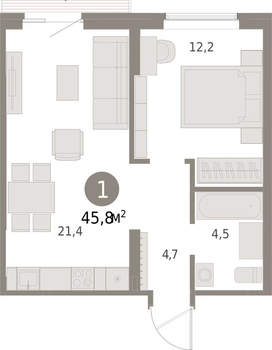 1-к квартира, вторичка, 46м2, 4/15 этаж