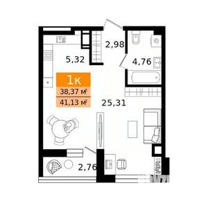 1-к квартира, вторичка, 41м2, 2/12 этаж