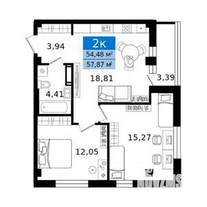 2-к квартира, вторичка, 58м2, 15/16 этаж