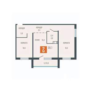 2-к квартира, вторичка, 59м2, 1/10 этаж