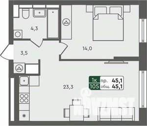 1-к квартира, строящийся дом, 45м2, 5/7 этаж