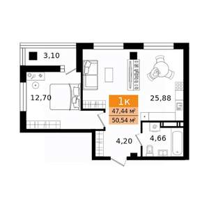 2-к квартира, вторичка, 51м2, 6/16 этаж
