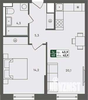 1-к квартира, строящийся дом, 44м2, 5/7 этаж