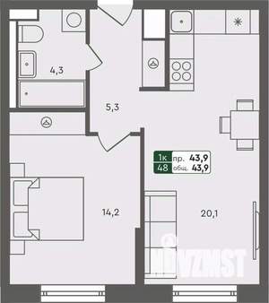 1-к квартира, строящийся дом, 44м2, 4/7 этаж