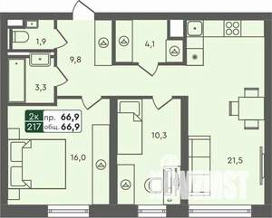 2-к квартира, строящийся дом, 67м2, 3/7 этаж