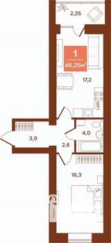 1-к квартира, строящийся дом, 46м2, 5/9 этаж