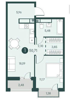 1-к квартира, строящийся дом, 51м2, 11/12 этаж