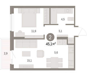1-к квартира, вторичка, 45м2, 4/15 этаж