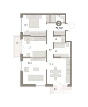 2-к квартира, вторичка, 80м2, 2/9 этаж