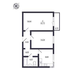 2-к квартира, строящийся дом, 56м2, 1/3 этаж