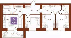 3-к квартира, строящийся дом, 75м2, 7/9 этаж