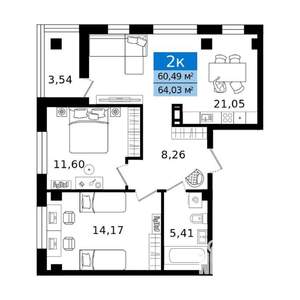 2-к квартира, вторичка, 64м2, 6/8 этаж