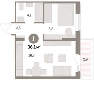 1-к квартира, вторичка, 36м2, 3/15 этаж