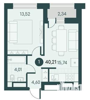 1-к квартира, вторичка, 40м2, 2/12 этаж
