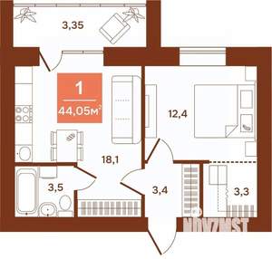 1-к квартира, строящийся дом, 44м2, 8/9 этаж