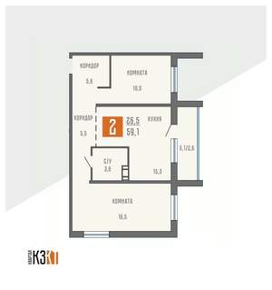 2-к квартира, вторичка, 59м2, 4/10 этаж