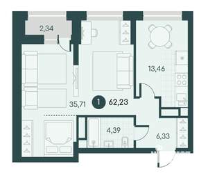 1-к квартира, вторичка, 62м2, 2/12 этаж