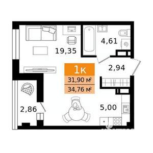 1-к квартира, вторичка, 35м2, 4/8 этаж