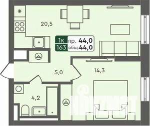 1-к квартира, строящийся дом, 44м2, 2/7 этаж