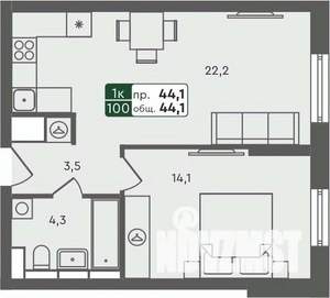 1-к квартира, строящийся дом, 44м2, 3/7 этаж